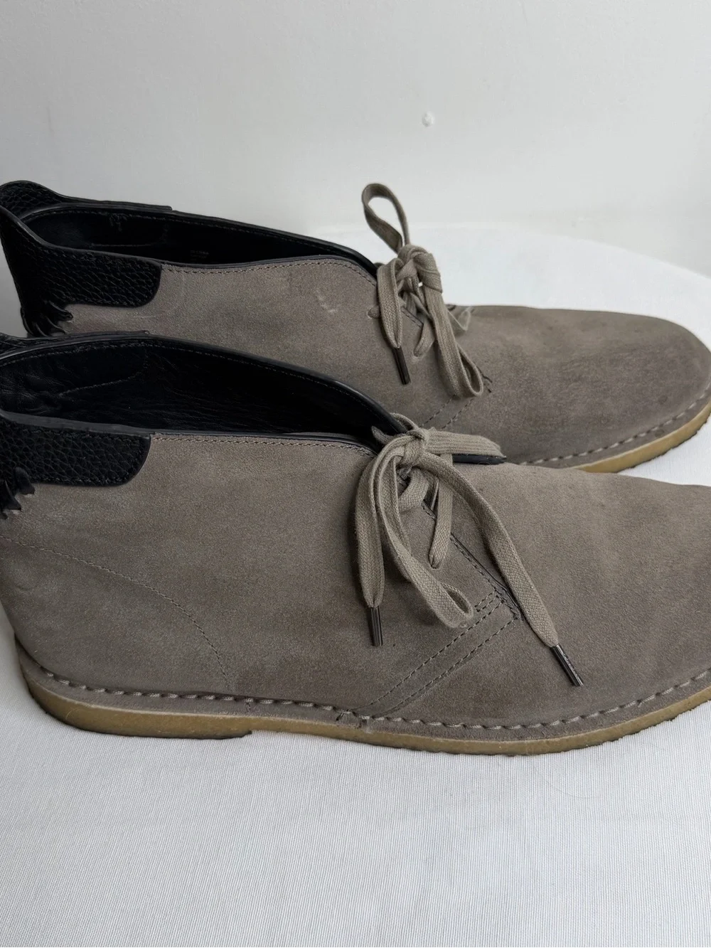 Coach Taupe Suede Chukka Boots with Black Heel Detail